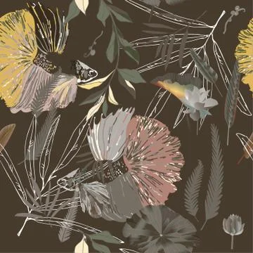 Endless pattern with fishes and algae. Water lilies and palm leaves vector il 库存插图