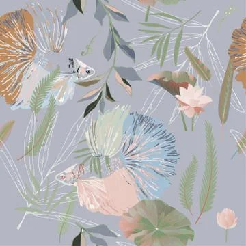 Endless pattern with fishes and algae. Water lilies and palm leaves vector il Illustrazione stock
