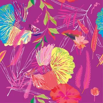 Endless pattern with fishes and algae. Water lilies and palm leaves vector il Stock Illustration