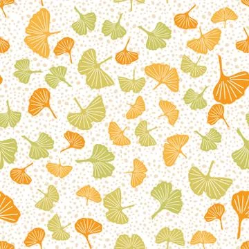 Endless pattern of ginkgo leaves and hand drawn dots. Vector seamless pattern Stock Illustration