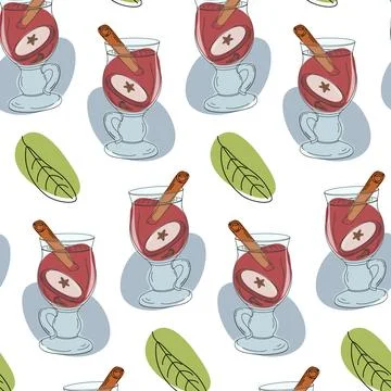 Endless pattern of glass cup with mulled wine, cinnamon stick, apple slice Stock Illustration
