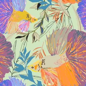 Endless pattern with goldfish and algae. Vector illustration. Marine theme, b Stock Illustration