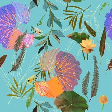 Endless pattern with goldfish and algae. Water lilies and palm leaves vector 库存插图