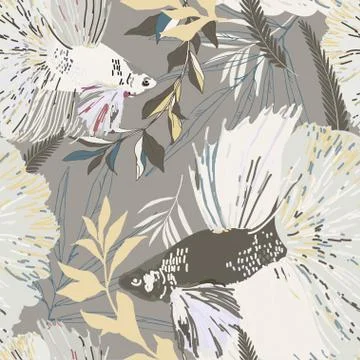 Endless pattern with goldfish and algae. Vector illustration. Marine theme, b Stockillustratie