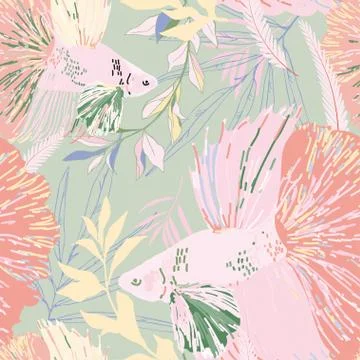 Endless pattern with goldfish and algae. Vector illustration. Marine theme, b Stock-Illustration