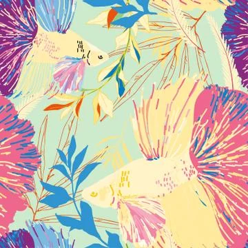 Endless pattern with goldfish and algae. Vector illustration. Marine theme, b Stock Illustration