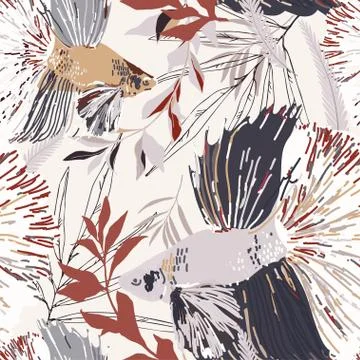 Endless pattern with goldfish and algae. Vector illustration. Marine theme, b Stock Illustration