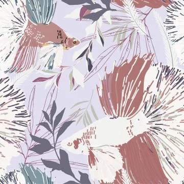 Endless pattern with goldfish and algae. Vector illustration. Marine theme, b 库存插图