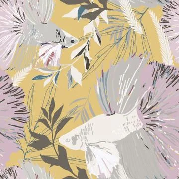 Endless pattern with goldfish and algae. Vector illustration. Marine theme, b Stock Illustration