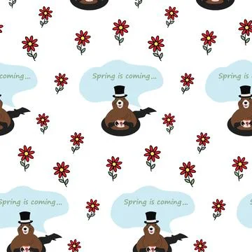 Endless pattern of Groundhog in a hat with a cup, shadow and his hole and 스톡 일러스트