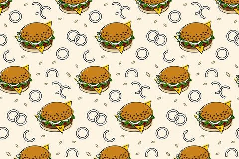 Endless pattern of Hamburger with cheese, rings of onion, tomato and lettuce Stock Illustration