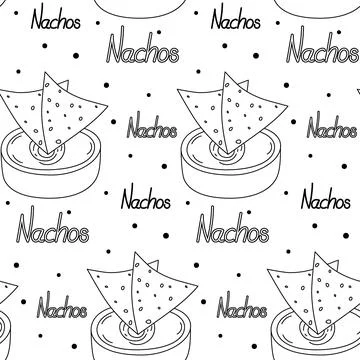 Endless pattern with Mexican corn chips Nachos and sauce in a bowl with Stock Illustration