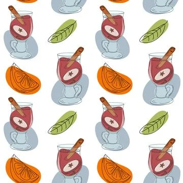 Endless pattern of Mulled wine with cinnamon stick, apple and orange slice Stock Illustration