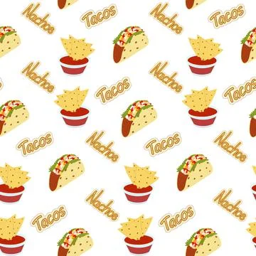 Endless pattern of Nachos and Tacos with Handwriting Lettering. Fast food menu Stock Illustration