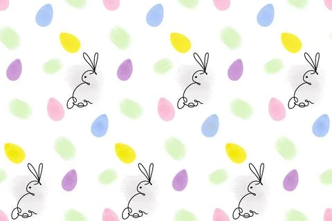 Endless pattern of Rabbits in one continuous line and colorful Easter eggs with Stock Illustration