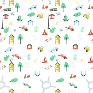 Endless pattern set city cars traffic lights road. simple hand drawing style Stock Illustration