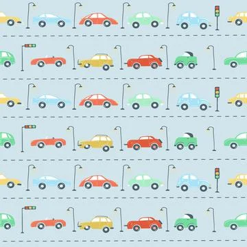 Endless pattern set city cars traffic lights road. simple hand drawing style Stock Illustration