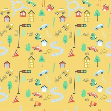 Endless pattern set city cars traffic lights road. simple hand drawing style Stock Illustration