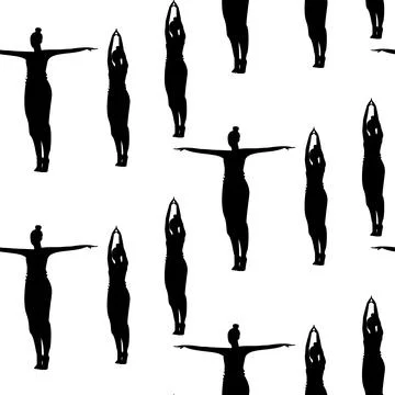 Endless pattern of silhouette woman doing yoga asana with arms raised up and in Illustrazione stock