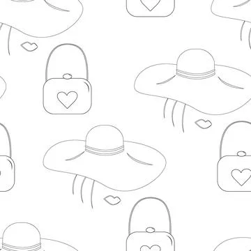 An endless pattern of a stylized female face with wide brimmed hat and purse in Stock Illustration