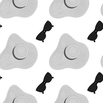 Endless pattern of a summer hat with wide brim and stripes around and sunglasses Stock Illustration