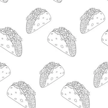 Endless pattern with Tacos from meat, lettuce and vegetables. Latin American Stock Illustration