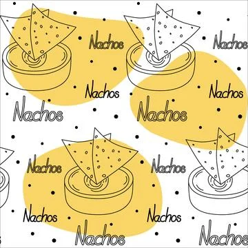 Endless pattern with traditional corn Mexican chips Nachos and sauce in bowl Illustrazione stock