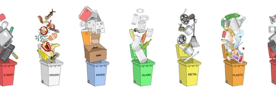 Endless pattern. Trash cans with sorted garbage set. Different types of garba Stock Illustration