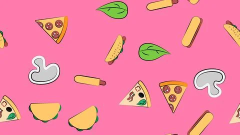 Endless pink seamless pattern from a set of icons of delicious food and snack Illustrazione stock