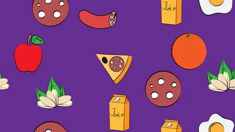 Endless purple seamless pattern from a set of icons of delicious food and sna Illustrazione stock