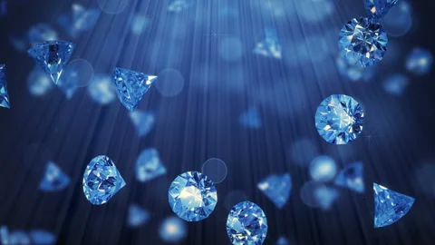 Endless rain of blue sapphires in light rays 3D render seamless loop animation Video stock 164144475