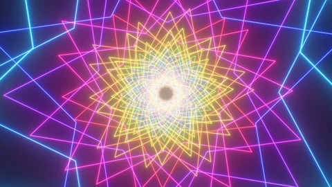 Endless Rainbow Colored Neon Glowing Star Shape Kaleidoscoping Tunnel Video stock 343327201