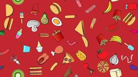 Endless red seamless pattern of delicious food and snack items icons set for  Stock Illustration