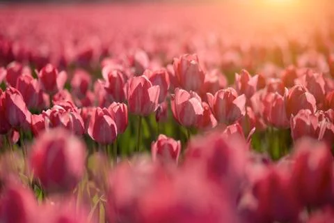 Endless red tulips bulb fields at the sunset moment Stock-Fotos