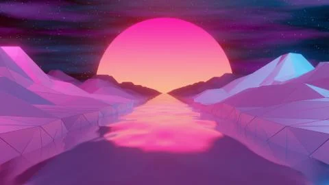 Endless retro style river with bright sun 3d render Stock Illustration