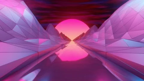 Endless retro style river with bright sun 3d rendering illustration Stock Illustration