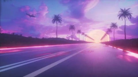 Endless Road with Palm trees at Sunset SynthWave Style Background Loop Stock Footage 281605301
