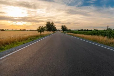 Endless road through agricultural fields at sunset Stock Photos