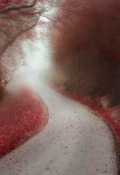 Endless road through a misty forest Stock Photos