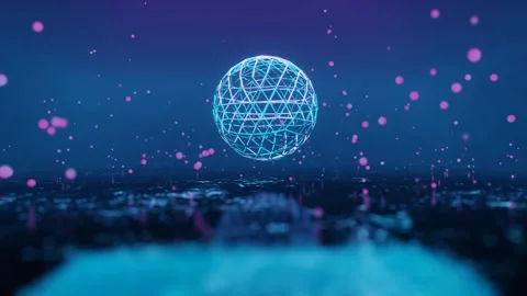 Endless rotation around blue wireframe sphere in dark room with flying purple pa Stock Footage 301858888