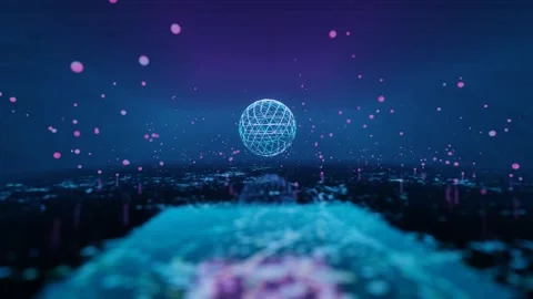 Endless rotation around blue wireframe sphere in dark room with flying purple pa Stock Footage 301858900