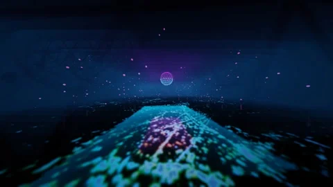 Endless rotation around blue wireframe sphere in dark room with flying purple pa Stock Footage 301858906