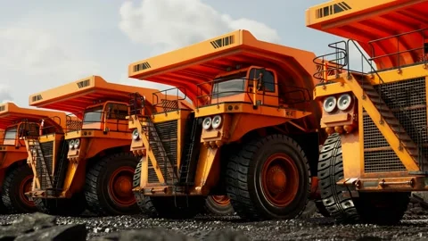 An endless row of big dump trucks. Fleet ready for heavy transport. 4KHD Video stock 133384150