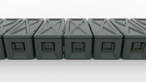An endless row of black plastic containers moves from left to right against a Stock Footage 160315656