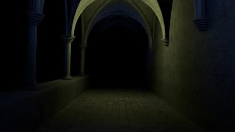 Endless scary monastery corridor at night. Stock Footage 254891715