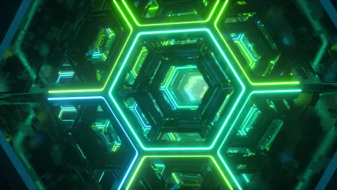 Endless sci fi tunnel, fast travel, spaceship interior, futuristic flight Stock Footage 145313771