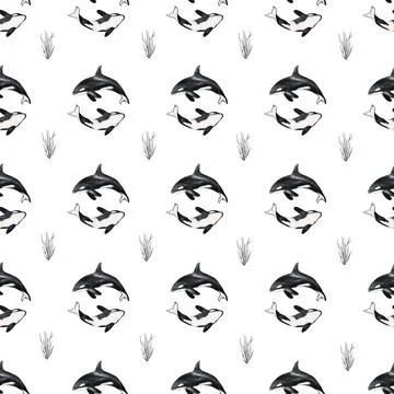 Endless seamless pattern design featuring whales and seals on a clean backg.. Stock Illustration