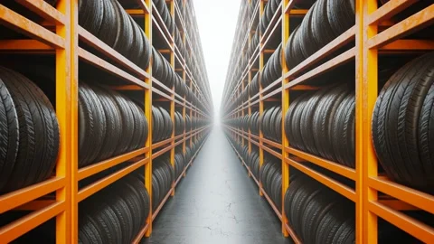 Endless shelves with car wheels. Stacks of black rubber tires. New car tyres. Stock-Footage 201089170