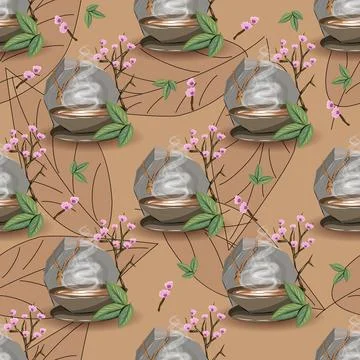 Endless tea pattern. seamless pattern with cup of tea, cherry blossoms and ro Stock Illustration