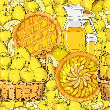 Endless texture with apples, apple juice, apple slices. Stock Illustration